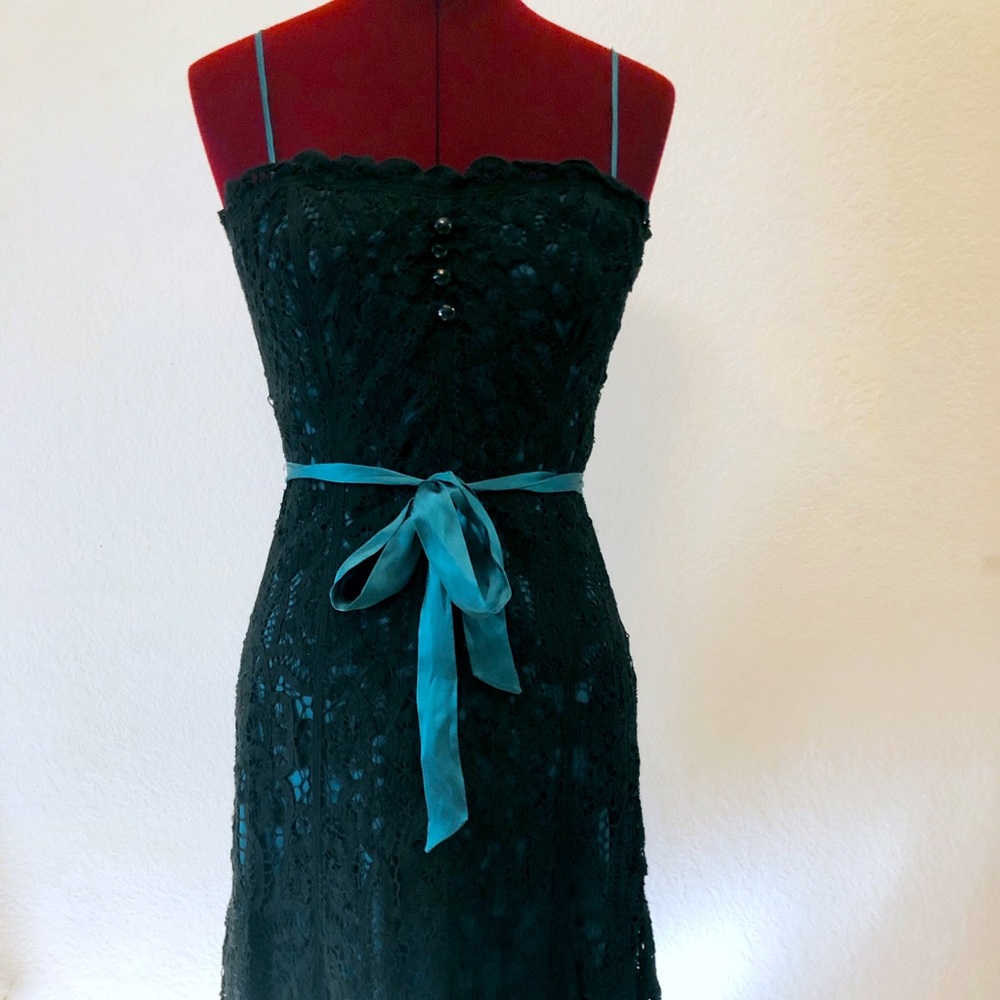 Betsey Johnson teal/ black battenburg lace dress.